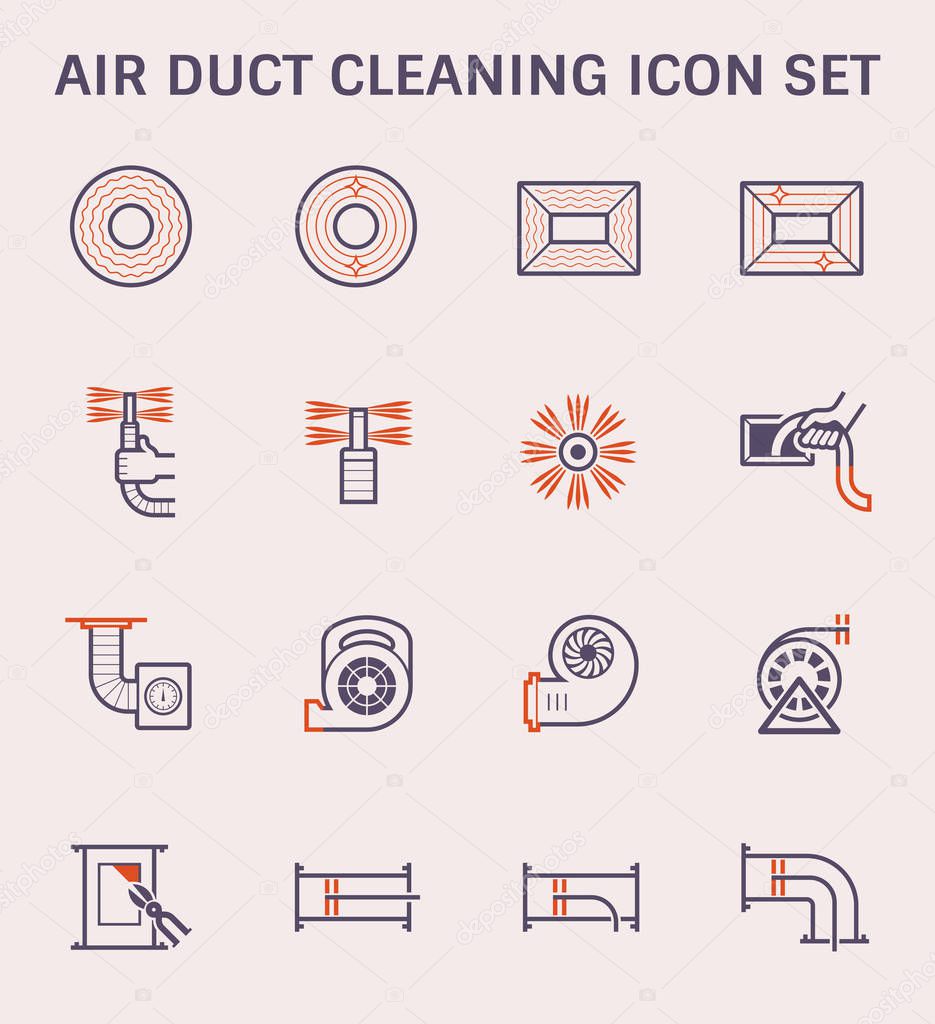 Air duct pipe and cleaning work icon set, color and outline.