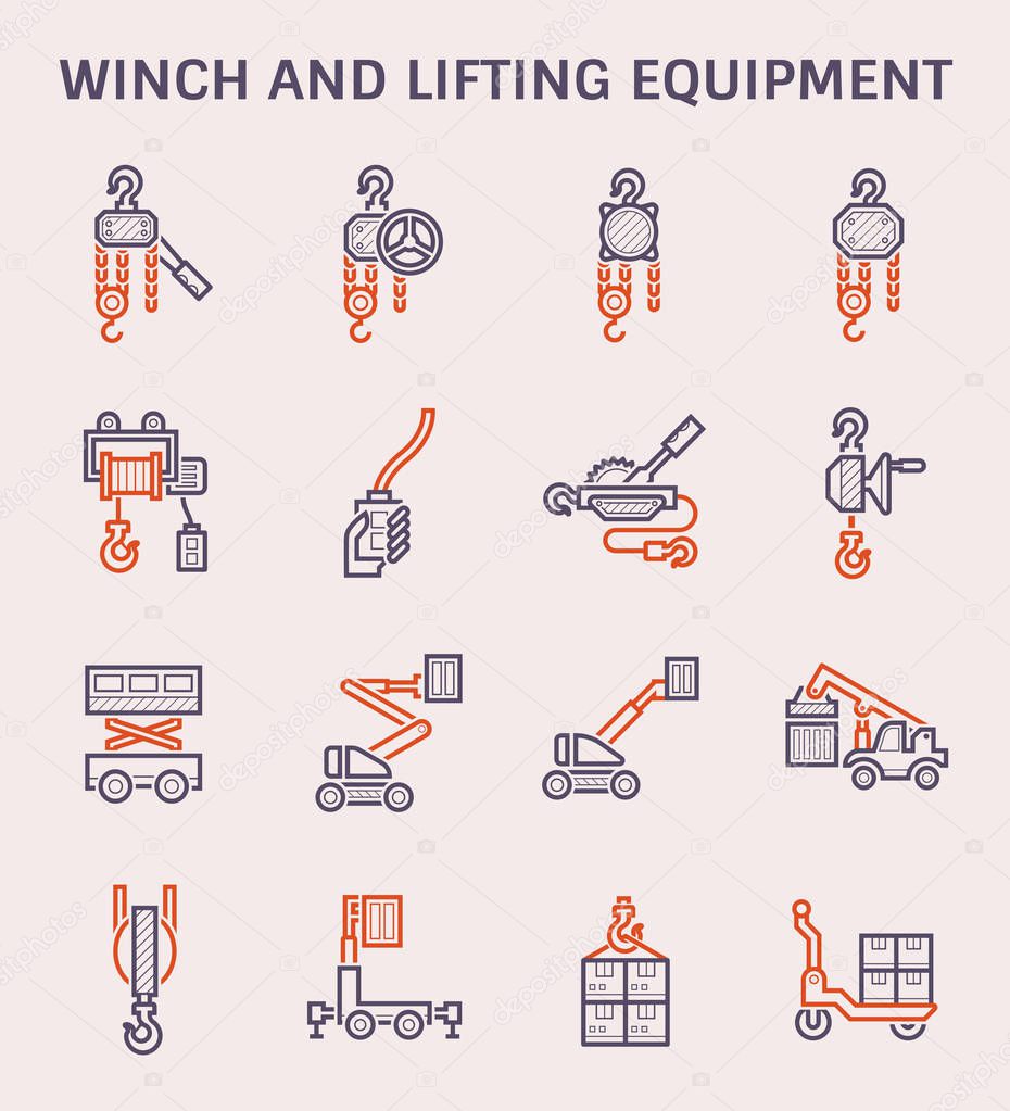 Winch and lifting equipment icon set, color and outline.