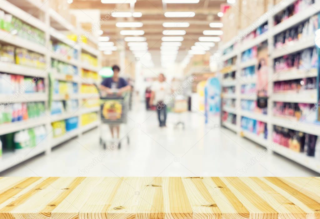 Blurred photo of products in shelf for shopping background.