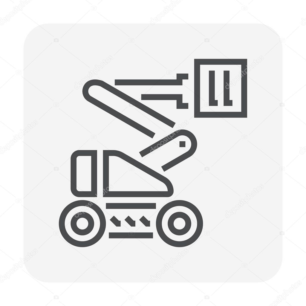 Boom lift icon design for lifting work, 64x64 perfect pixel and editable stroke.