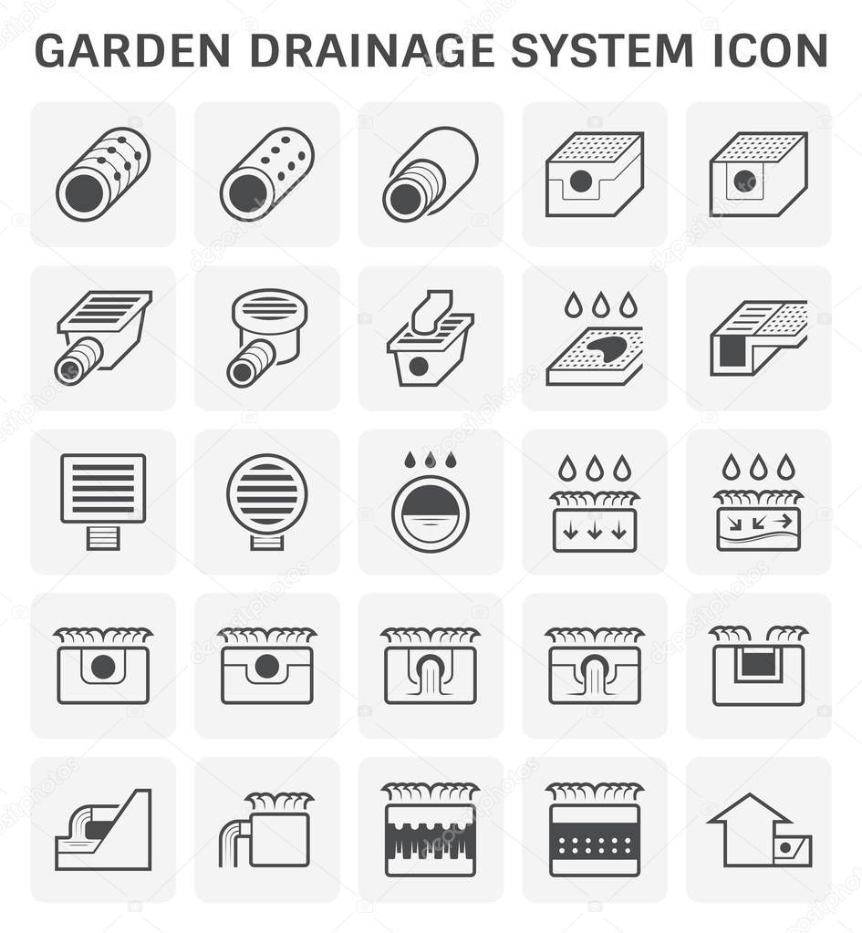 Garden drainage system and equipment icon set for landscaping work design.