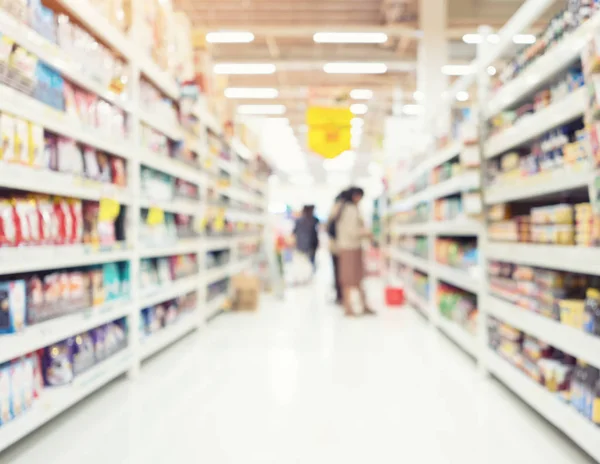 Blurred photo of products in shelf for shopping background.