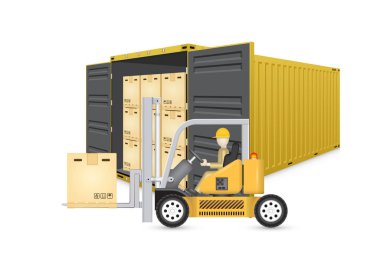 Nakliye ve taşıma konsepti için beyaz arka plan üzerinde kargo konteyner ve ürün karton kutu ile çalışma forklift izole.