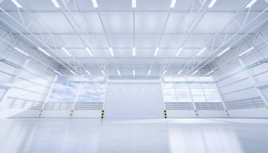 3D boş hangar ve beton zemin ve kepenk kapısı, temiz ve yeni durumda..