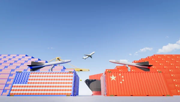3d rendering of cargo container and   trade war concept design between china and us.
