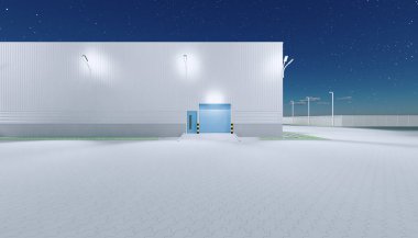3D dış taraftaki hangar inşaatı ve gece yarısı kapı ve kaldırım tuğlası döşemesi..