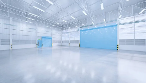 3d rendering of empty hangar and concrete floor and shutter door, clean and new condition.