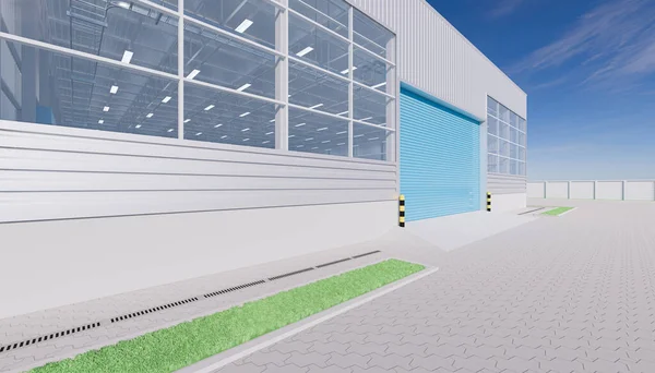 3d rendering of hangar building exterior and shutter door and paver brick floor.