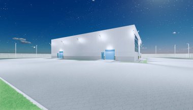 3D dış taraftaki hangar inşaatı ve gece yarısı kapı ve kaldırım tuğlası döşemesi..