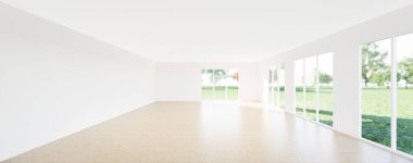 Boş oda ve ahşap zemin yansıması perspektif görünümlü temiz cam kapı, arkaplan için temiz ve yeni durum kullanımı.