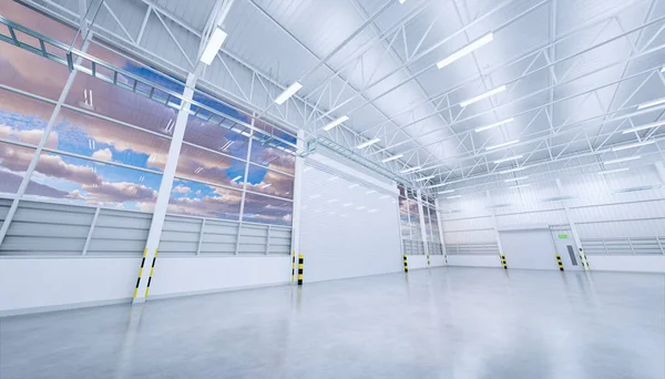 3d rendering of empty hangar and concrete floor and shutter door, clean and new condition.