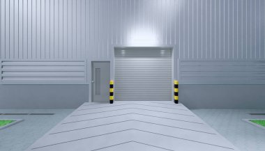 3D dış taraftaki hangar inşaatı ve gece yarısı kapı ve kaldırım tuğlası döşemesi..