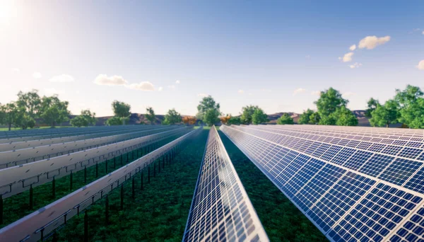 Renderização Linha Painel Solar Campo Verde Reflexão Com Luz Solar — Fotografia de Stock