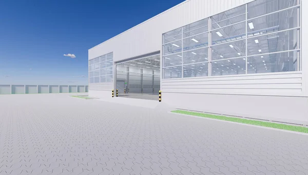 机库大楼外墙及敞开式快门及铺装砖地面的3D渲染 — 图库照片