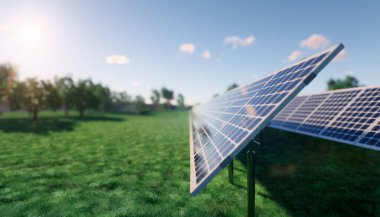 Güneş enerjisinin elektrik enerjisine dönüştürüldüğünü gösteren güneş panelinin yeşil alan yansıması ile 3D görüntülenmesi.