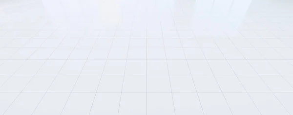带网格线的白色瓷砖地板的三维渲染及具有透明玻璃门的闪亮反光透视 新形势下的背景 — 图库照片