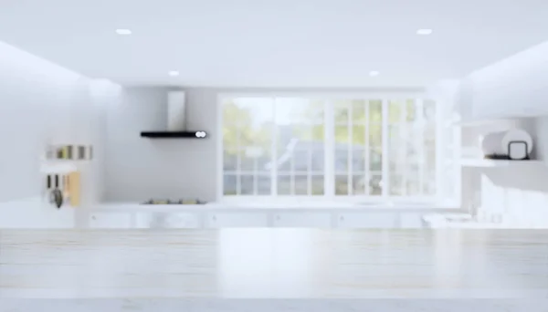 キッチンぼやけた背景と大理石のカウンター製品ディスプレイの3Dレンダリング — ストック写真