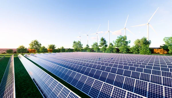 Renderização Linha Painel Solar Campo Verde Reflexão Com Luz Solar — Fotografia de Stock