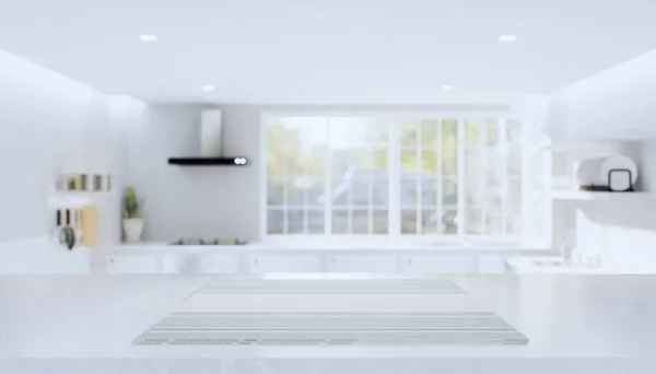キッチンぼやけた背景と生地の布で覆われた大理石のカウンター製品ディスプレイの3Dレンダリング — ストック写真