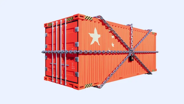基于Coronavirus概念设计的集装箱三维渲染与中国贸易封锁 — 图库照片