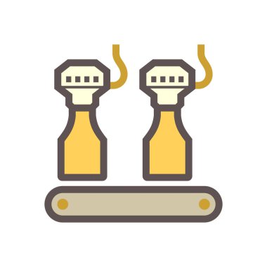 Beyaz arkaplanda içecek üretimi vektör ikonu tasarımında suyu cam şişeye dolduran makine.