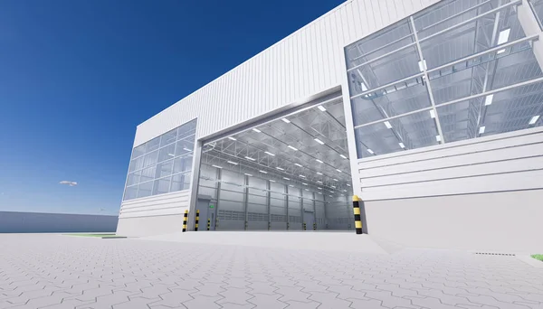 3d rendering of hangar building exterior and open shutter door and paver brick floor.