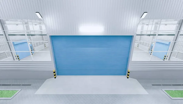 3d rendering of hangar building exterior and shutter door and paver brick floor at night time.