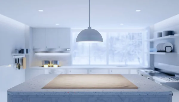 Rendering Von Holzarbeitsplatte Produktdisplay Und Unscharfen Hintergrund Küche — Stockfoto