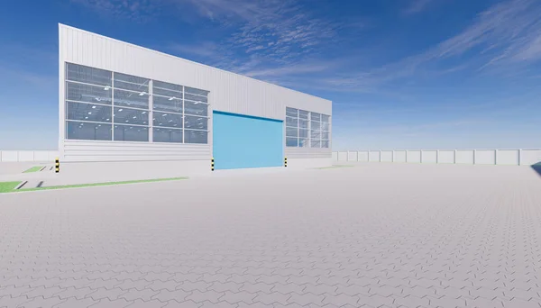 Rendering Hangar Edificio Esterno Persiana Porta Pavimento Mattoni Pavimentatore — Foto Stock