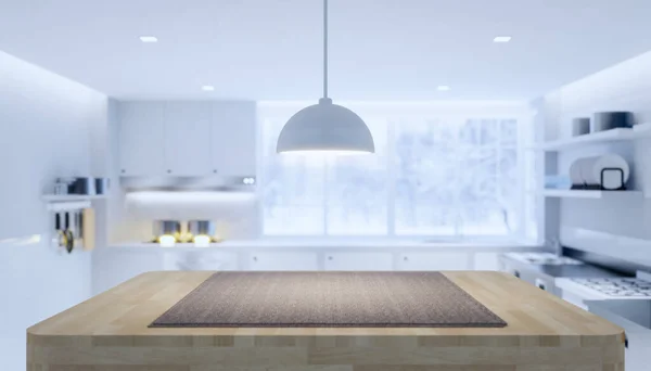 木製カウンタートップ製品表示とぼやけたキッチン背景の3Dレンダリング — ストック写真