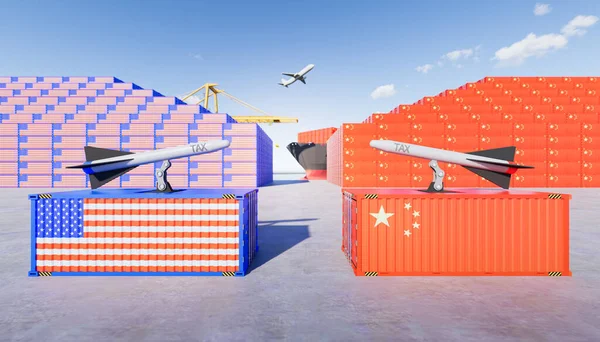 3d rendering of cargo container and   trade war concept design between china and us.