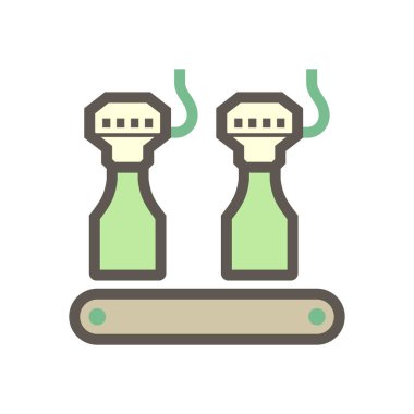 Beyaz arkaplanda içecek üretimi vektör ikonu tasarımında suyu cam şişeye dolduran makine.