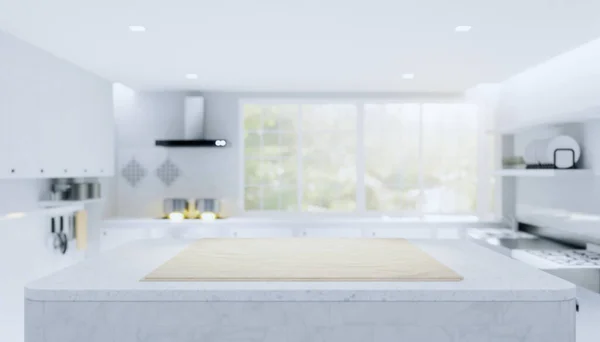 木製カウンタートップ製品表示とぼやけたキッチン背景 — ストック写真