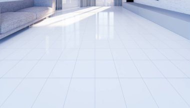 3d rendering of white tile floor with grid line and shiny reflection with clear glass door in perspective view, clean and new condition use to background. clipart