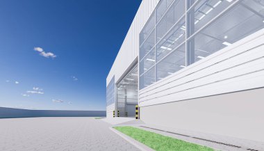 3D dış taraftaki hangar binası ve kapı ve kaldırım tuğlası döşemesi..