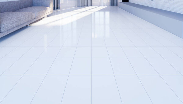 3d rendering of white tile floor with grid line and shiny reflection with clear glass door in perspective view, clean and new condition use to background.