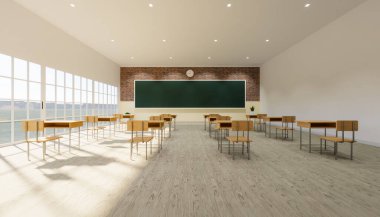 Ahşap zemine ve boş yeşil tahta zemin üzerine covid-19 virüsünün yayılmasını önlemek için yeni normal sınıf içi ve aralık tabloları ve sandalyelerin 3 boyutlu yorumlanması.