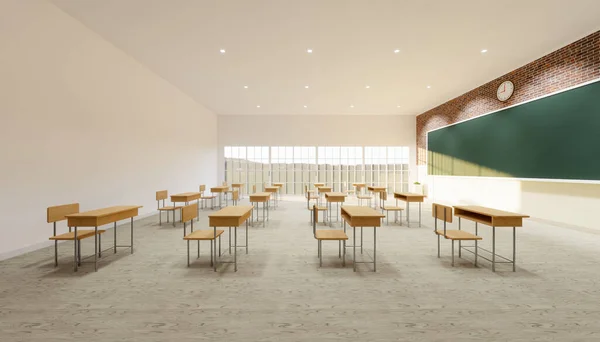 3d rendering of new normal classroom interior and spacing tables and chairs to prevent the spread of the covid-19 virus on wood floor and empty green board background.