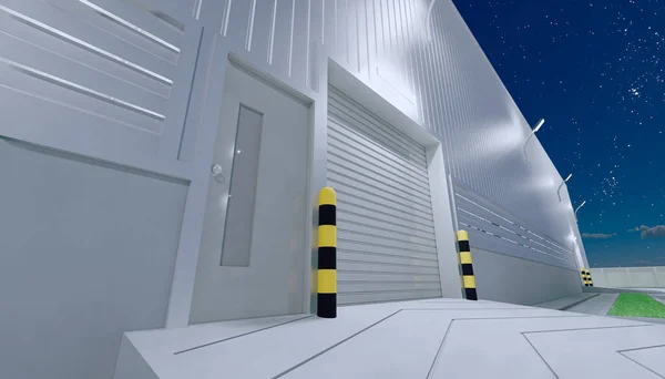 3d rendering of hangar building exterior and shutter door and paver brick floor at night time.