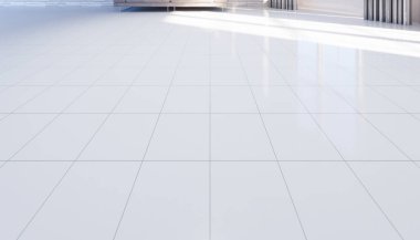 3d rendering of empty room and white tile floor with grid line and shiny reflection with clear glass door in perspective view, clean and new condition use to background. clipart