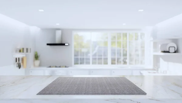 キッチンぼやけた背景と生地の布で覆われた大理石のカウンター製品ディスプレイの3Dレンダリング — ストック写真