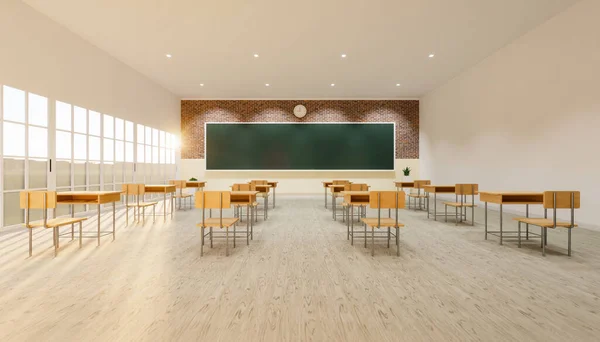 3d rendering of new normal classroom interior and spacing tables and chairs to prevent the spread of the covid-19 virus on wood floor and empty green board background.