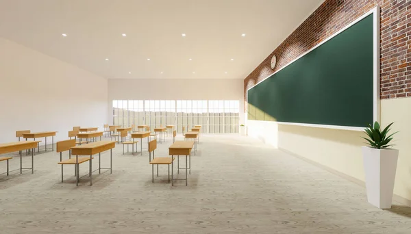 3d rendering of new normal classroom interior and spacing tables and chairs to prevent the spread of the covid-19 virus on wood floor and empty green board background.