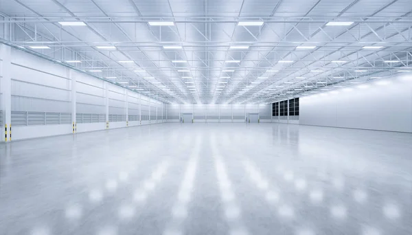 Renderowanie Duży Hangar Budynku Betonu Podłogi Otwartych Drzwi Okiennych Perspektywie — Zdjęcie stockowe