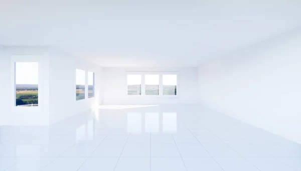 3d rendering of empty room and white tile floor with grid line and shiny reflection with clear glass door in perspective view, clean and new condition use to background.