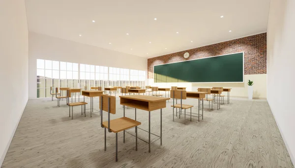 木製の床と空の緑のボードの背景にCovid 19ウイルスの拡散を防ぐために 新しい通常の教室の内部と間隔テーブルと椅子の3Dレンダリング — ストック写真
