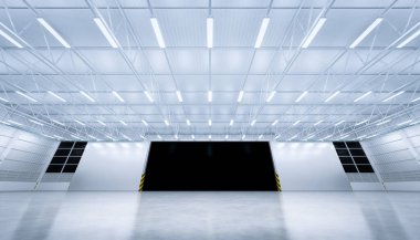 Geniş hangar binası, beton zemin ve çelik kapı. Arka plan, temiz ve yeni durum için perspektif, gece vakti..