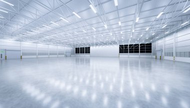 Geniş hangar binasının ve beton zeminin 3 boyutlu görüntülenmesi ve arka plan, temiz ve yeni durum için perspektif kapağı, gece vakti.