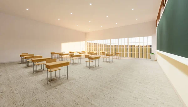 木製の床にCovid 19ウイルスの拡散を防ぐために 新しい通常の教室の内部と間隔テーブルと椅子の3Dレンダリング — ストック写真