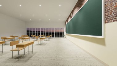 Ahşap zemine ve boş yeşil tahta zemin üzerine covid-19 virüsünün yayılmasını önlemek için yeni normal sınıf içi ve aralık tabloları ve sandalyelerin 3 boyutlu yorumlanması.